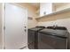 Convenient laundry room equipped with modern washer and dryer, shelving, and a door at 5725 Cedar Ave, Las Vegas, NV 89110