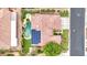 An aerial view showing the pool, patio, solar panels, and manicured landscaping at 7511 Bridlehorne Ave, Las Vegas, NV 89131