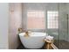 Luxurious tub and separate glass shower with gold fixtures and decorative tile at 81 Alerion St, Las Vegas, NV 89138