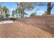 Large backyard with gravel landscaping, concrete patio area, tall block wall, and mature trees around the perimeter at 2874 Avanti Ln, Henderson, NV 89074