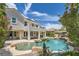 Beautiful backyard pool with a rock waterfall and lush landscaping in a luxury home at 3042 Hammerwood Dr, Las Vegas, NV 89135