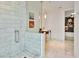Modern bathroom featuring a glass-enclosed shower, vanity with sink, and tile flooring at 4471 Dean Martin Dr # 1109, Las Vegas, NV 89103