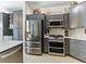 Modern kitchen with stainless steel appliances, gray cabinets, and ample counter space at 110 Eagleview Ct, Henderson, NV 89074