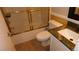 Cozy bathroom featuring stylish vanity with green marble countertop and shower at 3606 Gold Sluice Ave, North Las Vegas, NV 89032