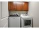 Functional laundry room features front load washer, dryer, and overhead cabinet storage at 51 Morning Mimosa Ct, Henderson, NV 89012