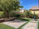 Inviting backyard featuring artificial grass, a paved patio, raised planters, and mature landscaping at 147 Augusta Course Ave, Las Vegas, NV 89148