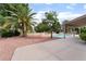 Inviting backyard with a covered patio, palm trees, and meticulously kept landscaping at 1587 Bermuda Dunes Dr, Boulder City, NV 89005