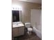 Cozy bathroom with a shower-tub combo, single sink vanity, and a neutral color palette at 2120 Ramrod Ave # 417, Henderson, NV 89014