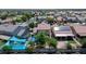 Aerial view highlighting the neighborhood with a home featuring solar panels and a pool at 7137 Eyebright St, Las Vegas, NV 89131