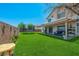 A spacious backyard with a trampoline, covered patio with seating, and lush green lawn at 818 Grape Vine Ave, Henderson, NV 89002