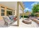 Charming covered patio with a cozy fire pit and comfortable seating, creating a relaxing outdoor space at 9729 Hawk Crest St, Las Vegas, NV 89141