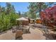 Backyard with multiple seating areas, lush greenery, mature trees and charming outbuildings at 3935 White Fir Way, Mount Charleston, NV 89124