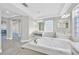 Lovely bathroom featuring a soaking tub, makeup vanity and contemporary finishes at 600 Baysville Ct, Las Vegas, NV 89144