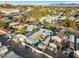 Aerial view showcases a backyard swimming pool covered by tan shade sails for sun protection at 620 Avenue H, Boulder City, NV 89005