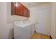 Convenient laundry room with side-by-side washer and dryer, cabinet storage and vinyl floors at 7528 Golden Yucca Dr, Las Vegas, NV 89147