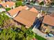 Bird's eye view of the backyard including a covered patio, mature trees, and an adjacent grass lawn at 9116 Cypress Point Way, Las Vegas, NV 89117