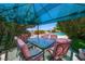 Covered outdoor patio area with a table, chairs, privacy from mature landscaping, and pool access at 1345 Morning Sun Way, Las Vegas, NV 89110