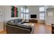 Spacious living room featuring high ceilings, large windows, and comfortable sectional seating at 8021 Hilliard Ave, Las Vegas, NV 89128