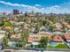 Panoramic aerial view of a residential neighborhood, showcasing lush landscaping, swimming pools, and the city skyline at 2504 La Solana Way, Las Vegas, NV 89102
