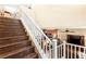 View of staircase with wood stairs, leading down to the living area and kitchen at 8316 Mokena Ave, Las Vegas, NV 89178