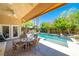 Covered outdoor patio with dining set and pool, perfect for relaxing and entertaining at , Las Vegas, NV 89113