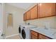Functional laundry room with front loading washer and dryer, overhead cabinets, and utility sink at 10001 Blairwood Ct, Las Vegas, NV 89178