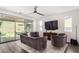 Bright living room featuring modern furniture, hardwood floors, and a sliding glass door to backyard at 12332 Switchgrass Ave, Las Vegas, NV 89138
