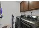 Efficient laundry room with modern washer and dryer, plus overhead storage at 3220 Calle De El Cortez, Las Vegas, NV 89102