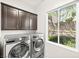 Laundry room with front-load washer and dryer, upper cabinets, and a view of the backyard at 865 Auroras Edge Ct, Henderson, NV 89012