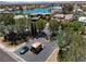 Community aerial showing gated entry and tree lined streets with lakefront homes on a sunny day at 8725 Newport Isle Ct, Las Vegas, NV 89117