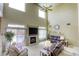 Spacious living room with fireplace, high ceilings, and a view of the pool at 3692 River Canyon Rd, Las Vegas, NV 89129