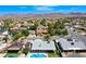 Aerial view of houses in a neighborhood featuring swimming pools, green foliage and mountain views at 836 Cherry Dr, Henderson, NV 89002