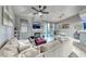 Spacious living room featuring a ceiling fan, fireplace, comfortable seating and access to the backyard at 200 Teller St, Henderson, NV 89074
