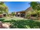 Expansive backyard with lush grass, mature trees, and a covered patio area at 2026 Poppywood Ave, Henderson, NV 89012