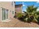 Low-maintenance backyard featuring desert landscaping, patio and a vibrant palm tree at 4976 Quiet Morning St, Las Vegas, NV 89122