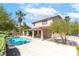 Backyard with a sparkling swimming pool, covered patio, and lush landscaping at 1063 Silver Star St, Henderson, NV 89002