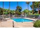 Community pool surrounded by tall palm trees and lounge chairs at 220 Mission Newport Ln # 105, Las Vegas, NV 89107