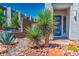 Close-up of modern home's xeriscaped front yard and blue-paneled front door at 8175 Caldera Creek St, Las Vegas, NV 89113