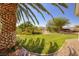 This backyard features lush landscaping, gravel accents, and mature trees at 8290 Gagnier Blvd, Las Vegas, NV 89113