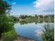 Serene pond reflecting the surrounding trees and distant mountains under a clear sky, enhancing the property's tranquility at 8808 Homestead Rd, Las Vegas, NV 89143