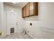 Functional laundry room with storage cabinets, shelving and access door at 902 Cripple Creek Ct, Henderson, NV 89014