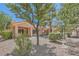 Landscaped front yard with a mature shade tree, flowering shrubs and manicured hedges at 9516 City Hill Ct, Las Vegas, NV 89134