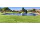 Scenic golf course view featuring a pond, lush green grass and mountain backdrop at 9516 City Hill Ct, Las Vegas, NV 89134