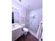Bathroom featuring a sleek glass shower enclosure, stylish vanity, and modern fixtures at 1320 Driscoll Dr # 201, Las Vegas, NV 89128
