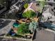 An aerial shot showcasing a home’s backyard with lush landscaping, a sparkling pool, and verdant greenery at 1795 Nuevo Rd, Henderson, NV 89014