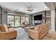 Cozy living room with comfortable seating, a modern fireplace, and scenic backyard views at 2333 Indigo Island St, Henderson, NV 89044