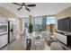 Modern living room with stylish furniture, large windows and city views at 3722 Las Vegas Boulevard S Blvd # 2609, Las Vegas, NV 89158