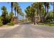Community gate with brick columns, mature palm trees, and lush landscaping at 4 Via Centrale # 1, Henderson, NV 89011
