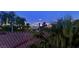 Panoramic night view of the Las Vegas skyline from this home's rooftop, complete with palm trees and tile roofing at 1404 Reisling Ct, Las Vegas, NV 89144
