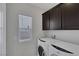 Functional laundry room with cabinets above a front load washer and dryer at 5484 Mercury Springs Dr, Las Vegas, NV 89122